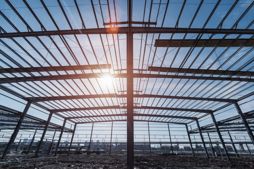 steel structure workshop closeup , steel frame factory buildings in construction